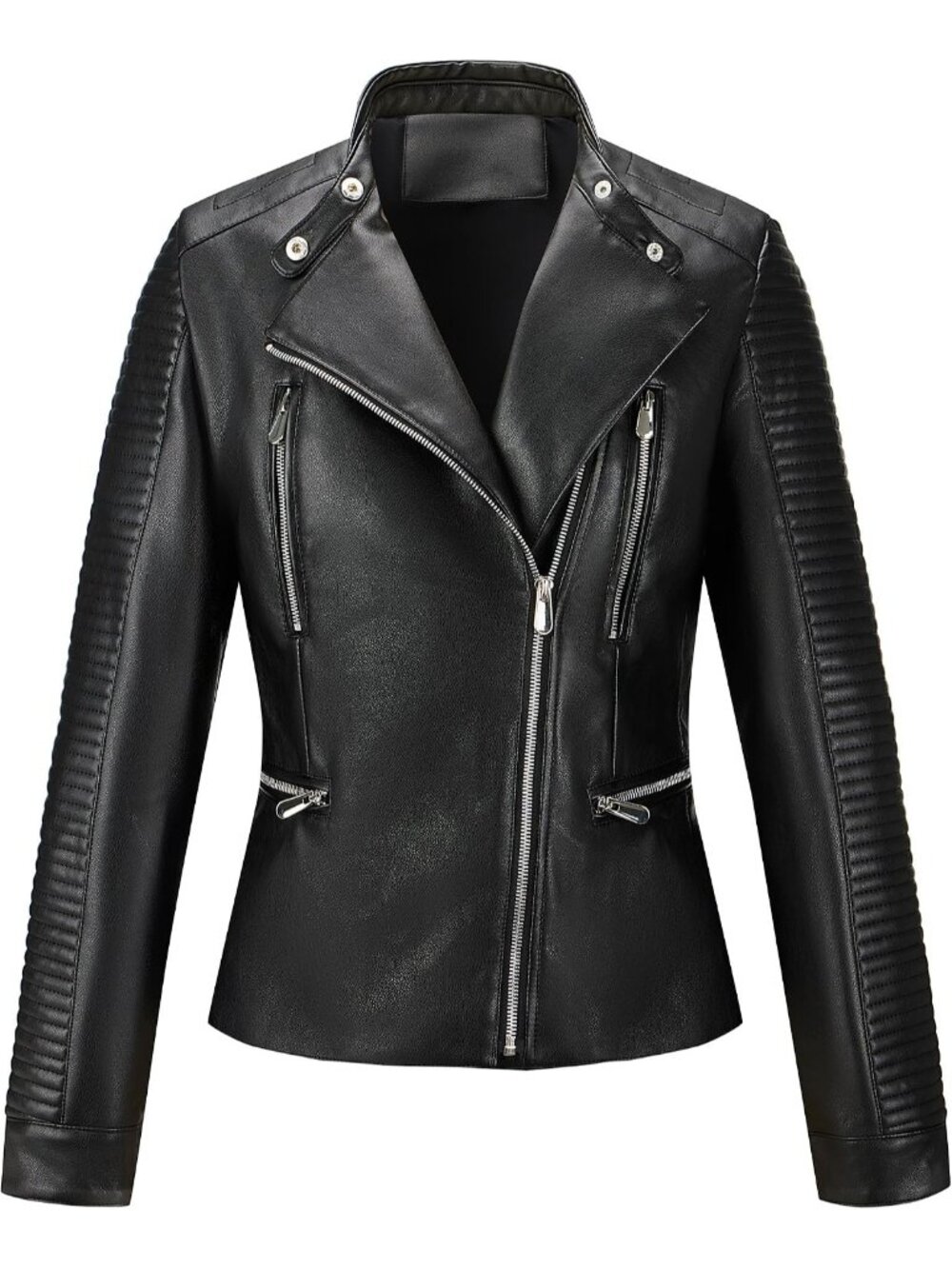 Women’s Black Faux Leather Asymmetrical Moto Biker Jacket Stylish Casual Coat